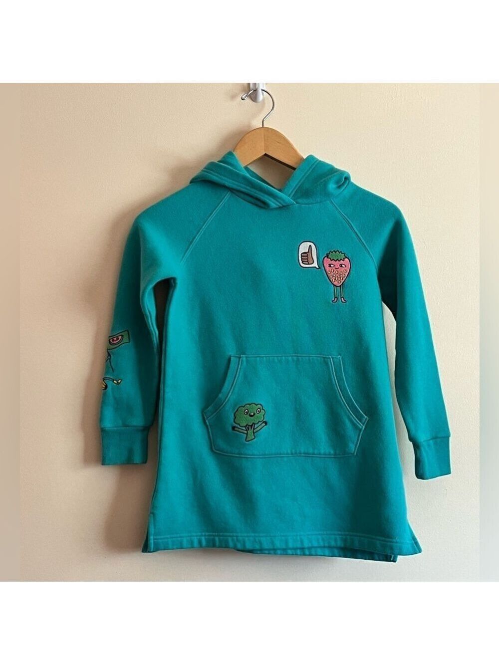 Spotted Zebra brand Kids Hoodie with Fun Patches Fruit Vegetables Teal